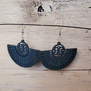 Wood Earrings - Teal Fan